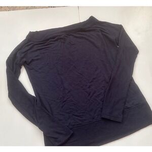 Athleta Navy Blue Off Shoulder Boat Neck Long Sleeve Knit Top Ribbed Trim Small